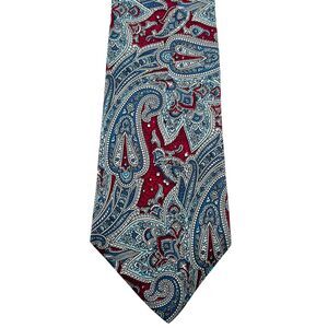 100% Silk Neck Tie Paisley Handmade Red White & Blue JUSTIN DAVID Tradition Mens